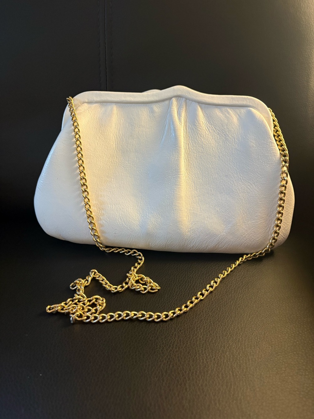 Vintage 1960s Ande White Genuine Leather Clutch Shoulder Bag Gold Chain MCM